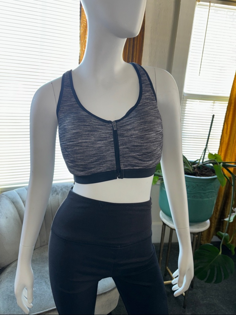 Victoria's Secret Front-Zip Heathered Gray & Black Sports Bra